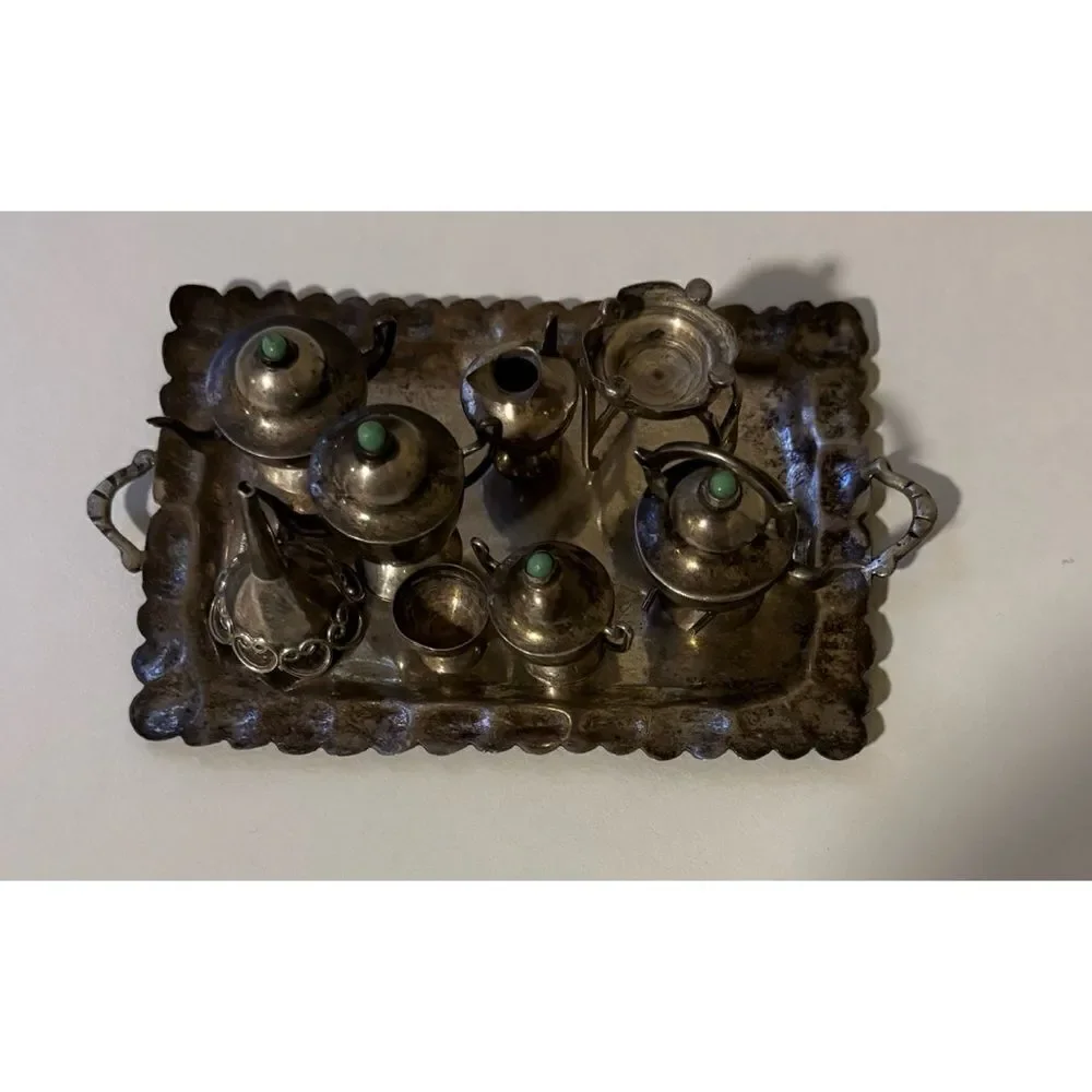 RARE -ANTIQUE STERLING SILVER Turquoise 9 Pieces Miniature Tea Set